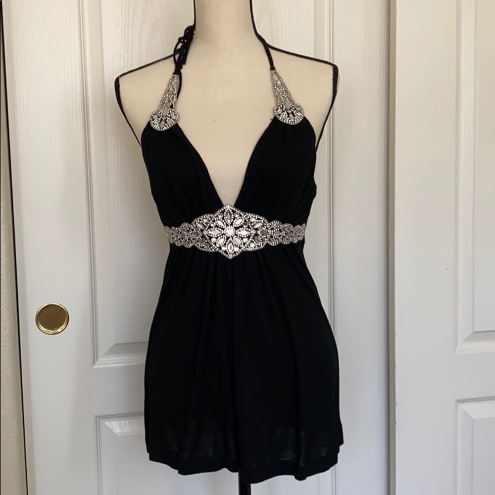 Black and rhinestone low cut halter top size S